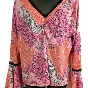 Impressions Lifestyle Women Stretch Paisley Long Bell Sleeve Boho Top Sz PXL